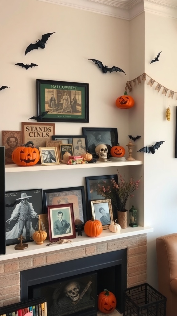 A vintage Halloween-themed living room with bats, pumpkins, and framed art.