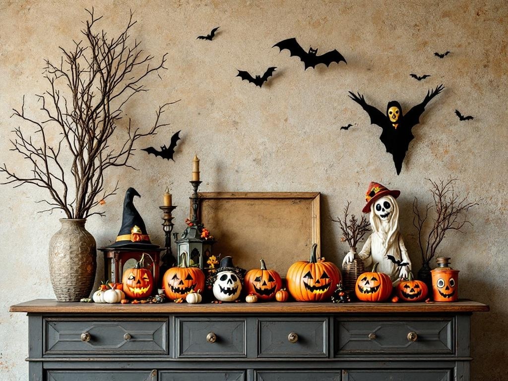 A vintage Halloween entry table featuring carved pumpkins, a skeleton figure, and bats on the wall.
