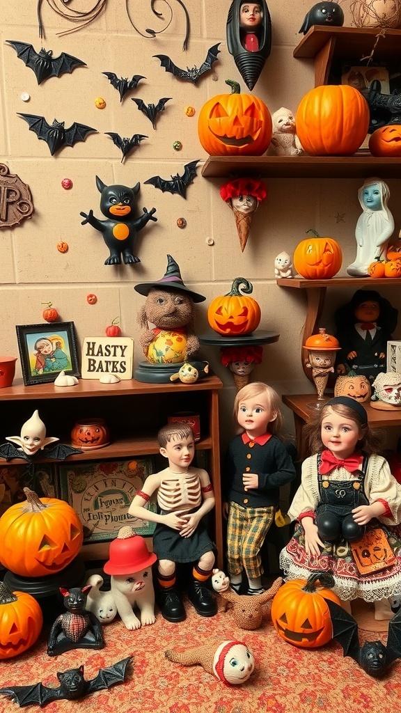 A collection of vintage Halloween decorations including pumpkins, dolls, bats, and playful figures.