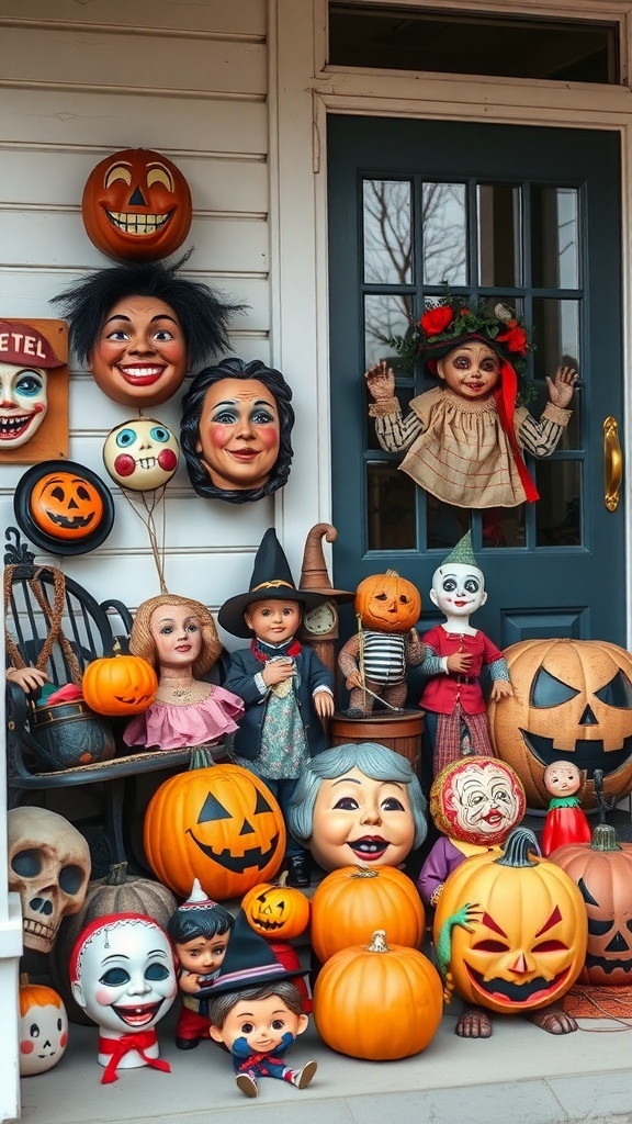 A vintage Halloween decor display featuring various dolls, pumpkins, and masks on a front porch.