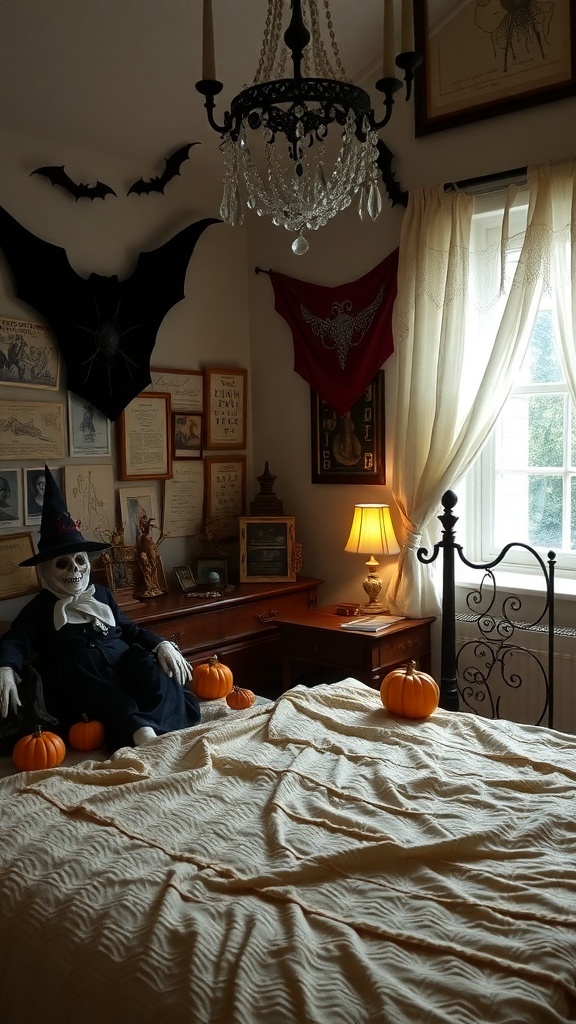 A vintage Halloween bedroom with a skeleton witch, bats on the wall, and pumpkins on the bed.