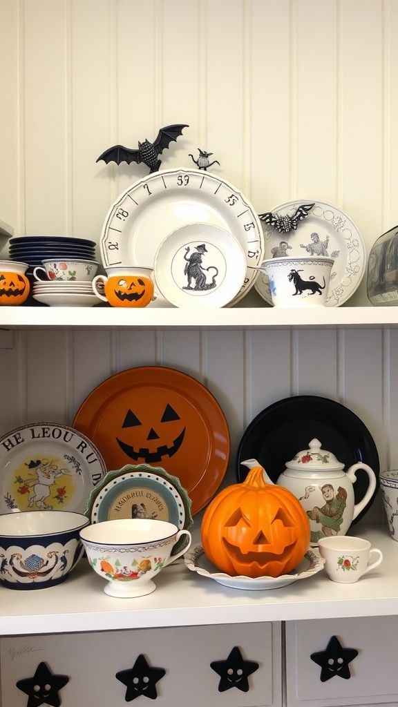 A collection of vintage Halloween dishware displayed on a shelf, featuring plates, bowls, and a pumpkin centerpiece.