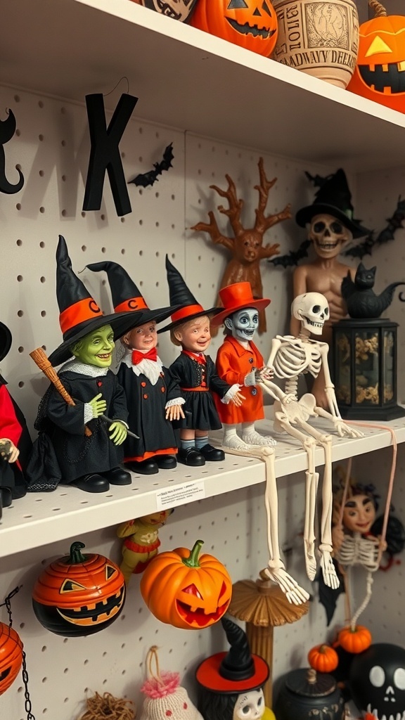 A collection of vintage Halloween figurines including witches, a skeleton, and pumpkins on a shelf.