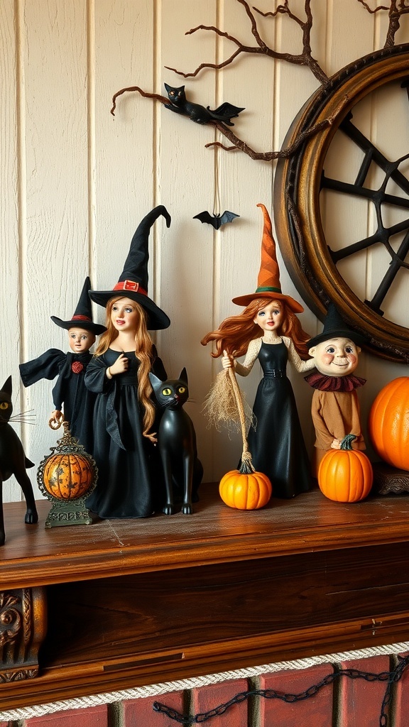 A vintage Halloween mantle display featuring figurines of witches, black cats, and pumpkins.
