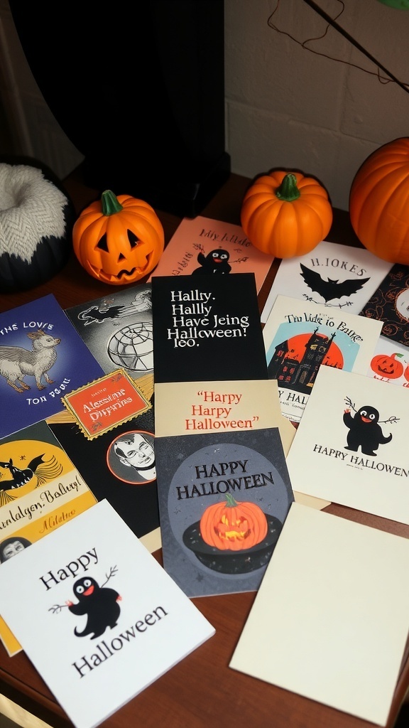 A collection of vintage Halloween greeting cards featuring pumpkins, ghosts, and festive messages.