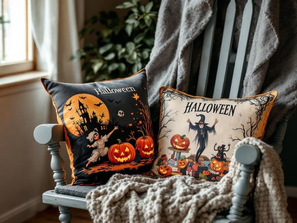 Two vintage Halloween illustration pillows on a rocking chair, featuring a child with pumpkins and a witch with spooky friends.