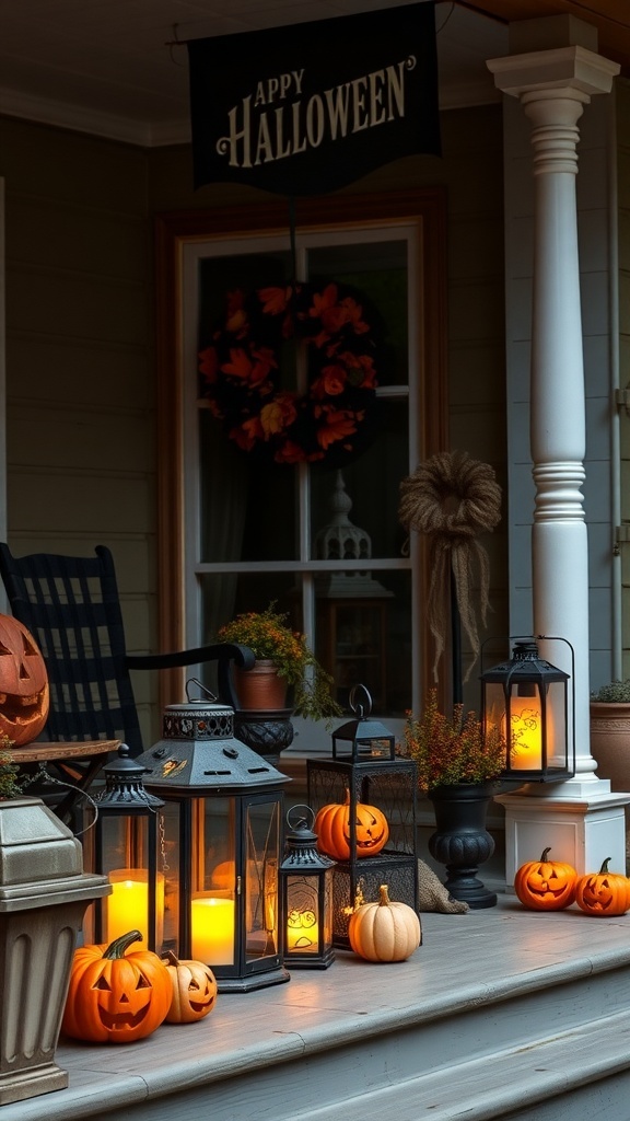A cozy farmhouse porch decorated for Halloween with vintage lanterns, carved pumpkins, and a 'Happy Halloween' banner.