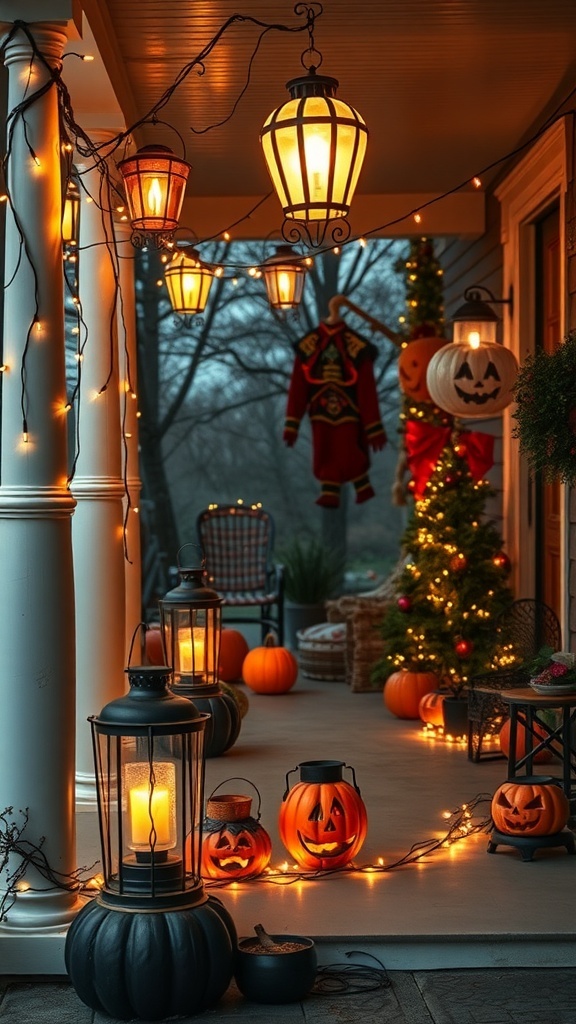 A cozy porch decorated with vintage Halloween lights, lanterns, and carved pumpkins.