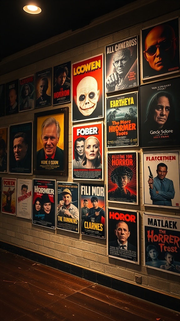 A collection of vintage Halloween movie posters on a wall.