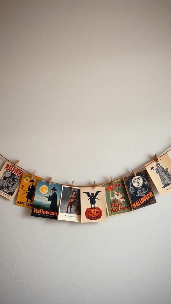 A garland made of vintage Halloween postcards hanging on a wall.