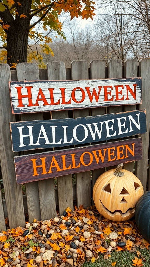 Vintage Halloween signs hanging on a wooden fence with pumpkins and fallen leaves