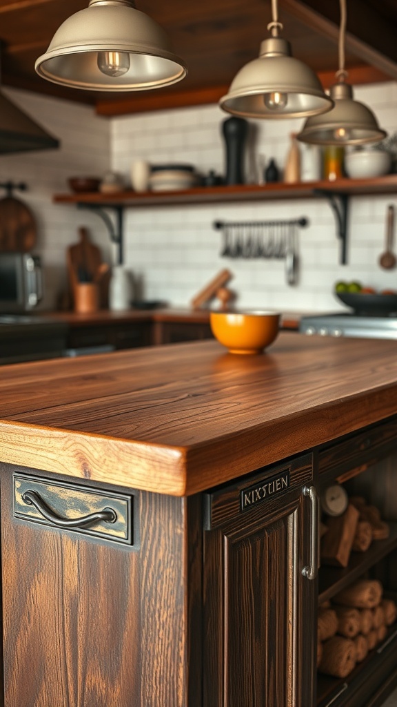 A rustic kitchen island featuring vintage hardware and warm lighting.