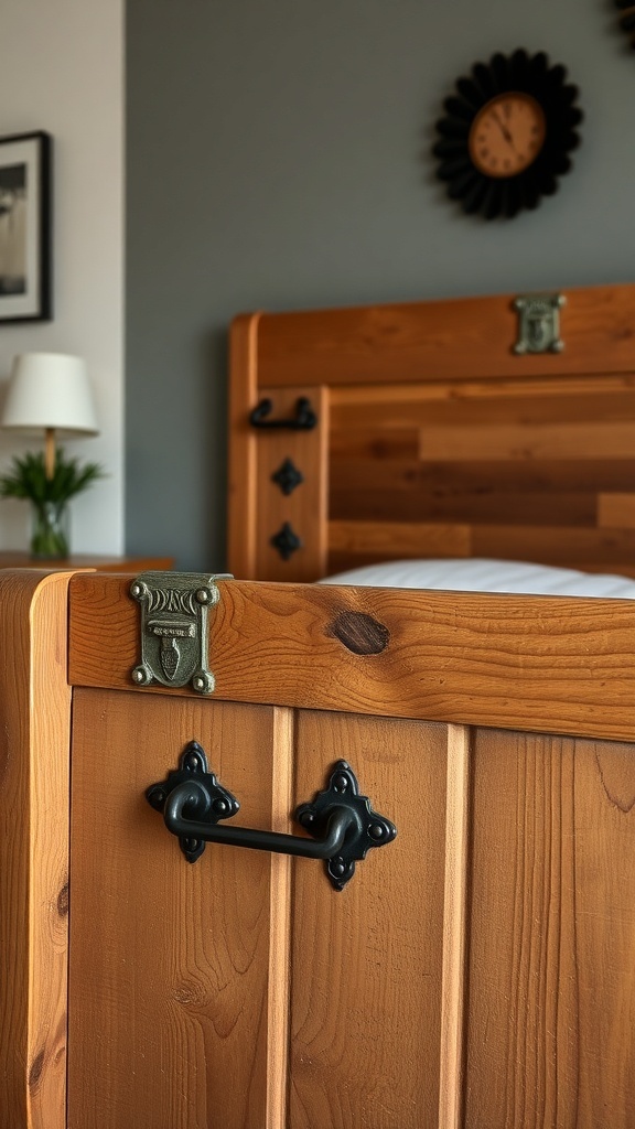 Close-up of a rustic bed frame featuring vintage hardware details