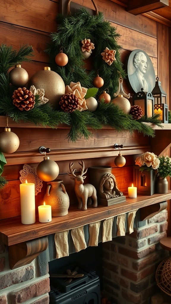 A beautifully decorated mantle with vintage holiday decor, featuring ornaments, toys, and festive greenery.