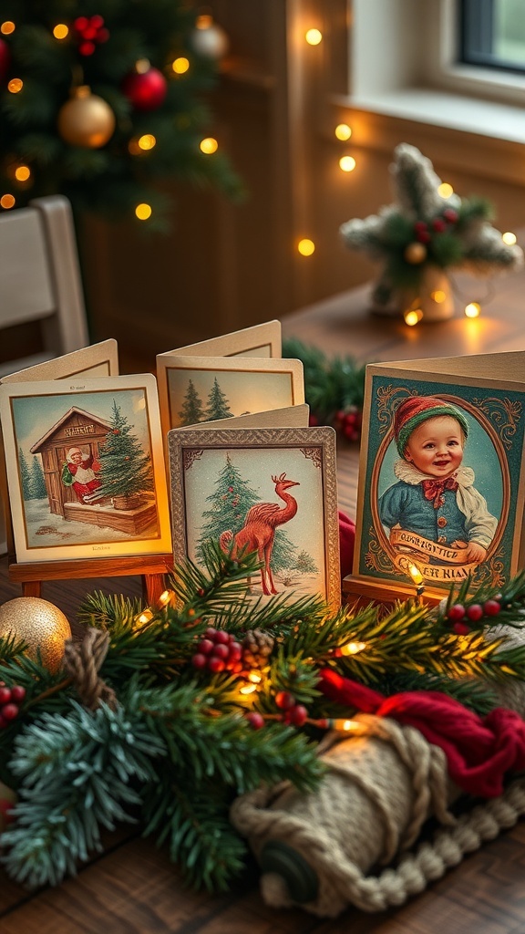 A collection of vintage holiday cards displayed on a wooden table, surrounded by pine branches and lights.