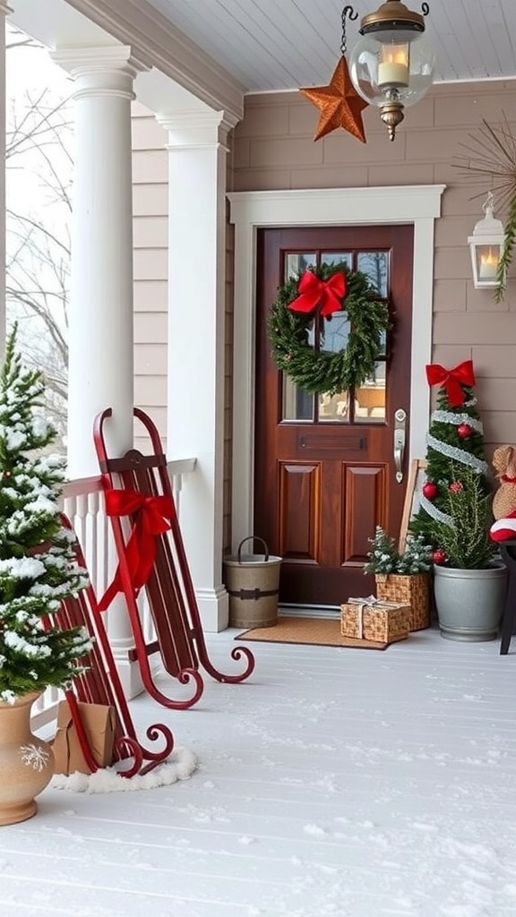 A winter porch decorated with vintage holiday elements, including a sled, wreath, and small Christmas trees.