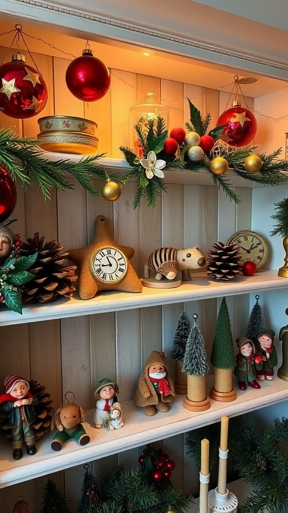 A collection of vintage Christmas decorations including snowmen, Santa figures, and festive trees.