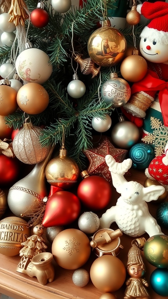 A collection of vintage holiday decorations including shiny ornaments and a snowman.