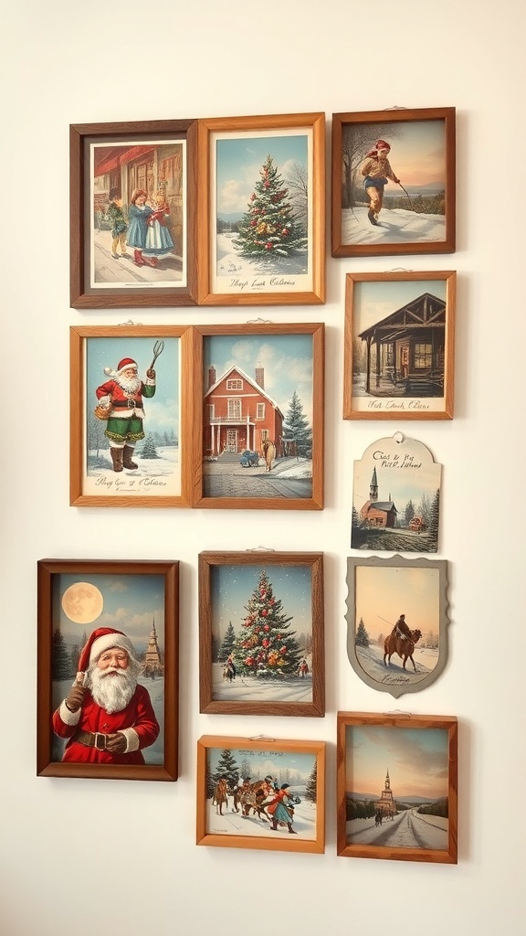 A collage of vintage holiday postcards framed in various styles, featuring Christmas trees, snowy landscapes, and children in winter attire.