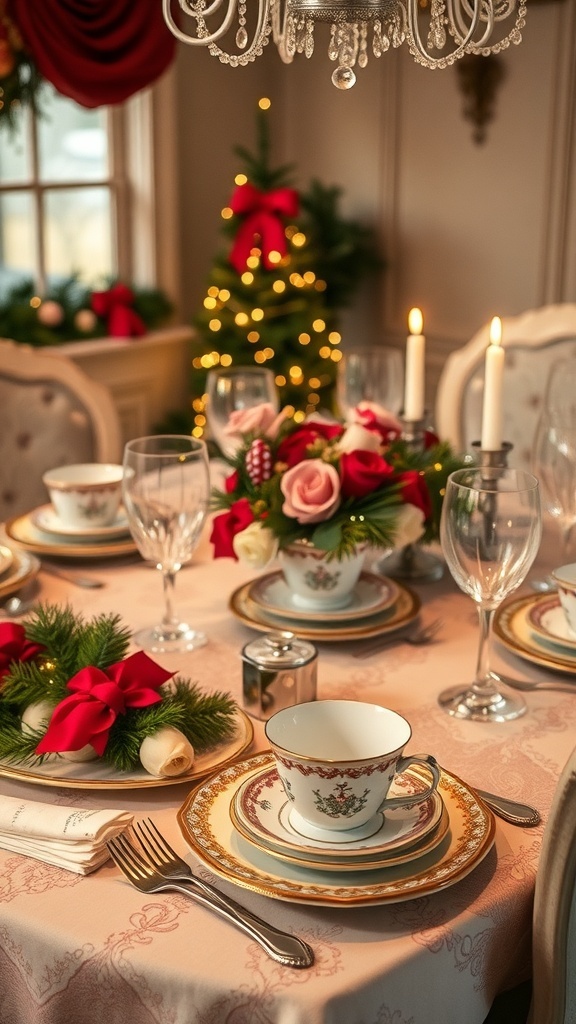A vintage holiday table setting with elegant china, floral arrangements, and festive decorations.