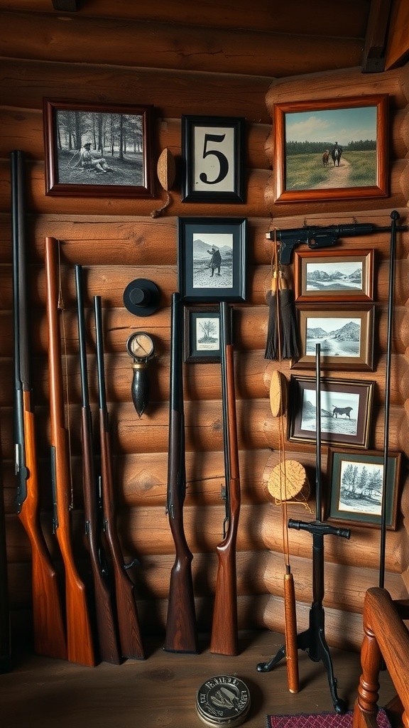 Vintage hunting gear displayed on a log cabin wall, featuring rifles and framed photographs.