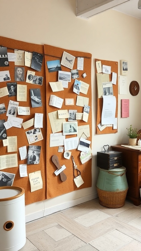 A vintage craft room inspiration board filled with various papers, photos, and notes.