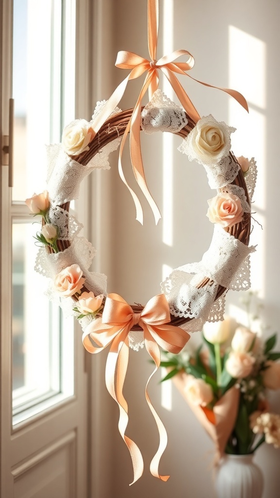 A vintage inspired winter wreath adorned with lace, ribbon, and pastel roses.