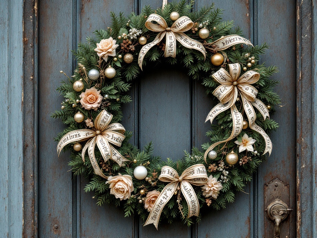 A vintage inspired Christmas wreath with roses, ornaments, and decorative ribbons hanging on a wooden door.