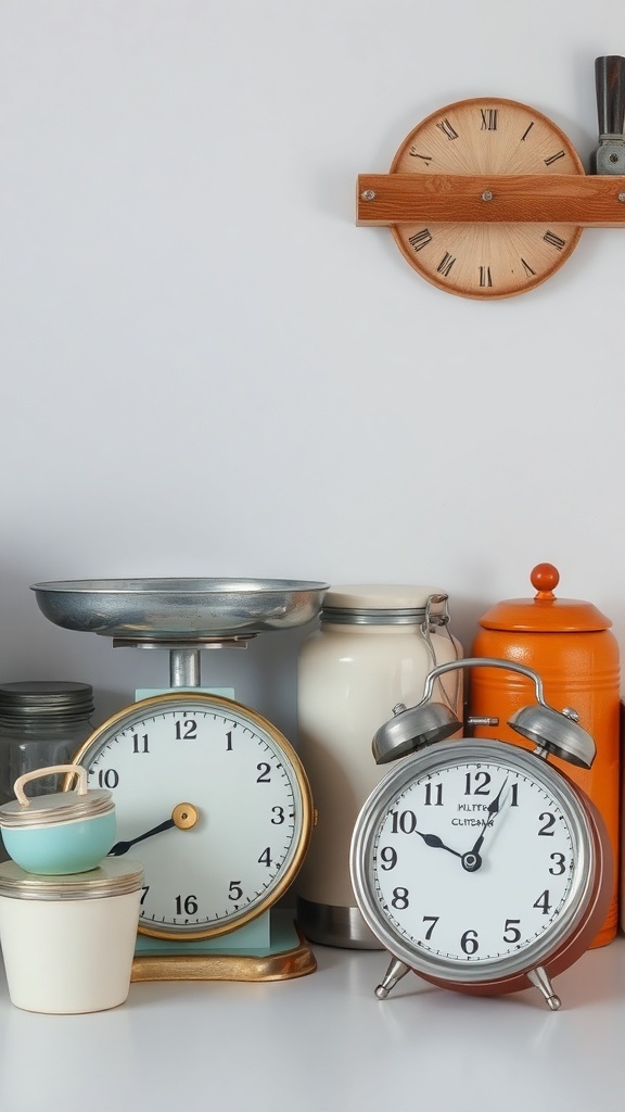 A collection of vintage kitchen accessories including scales and alarm clocks.
