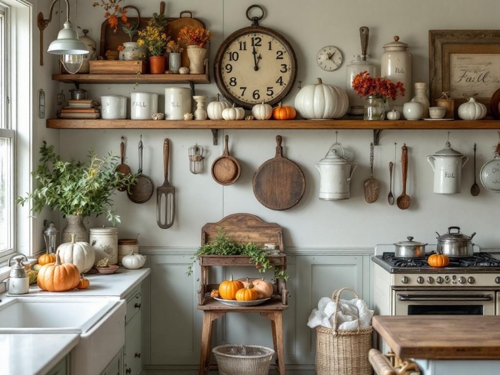 A vintage kitchen decorated for fall with pumpkins, wooden utensils, and rustic decor.