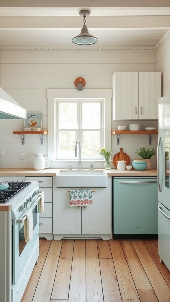 A coastal farmhouse kitchen featuring vintage appliances in soft pastel colors.