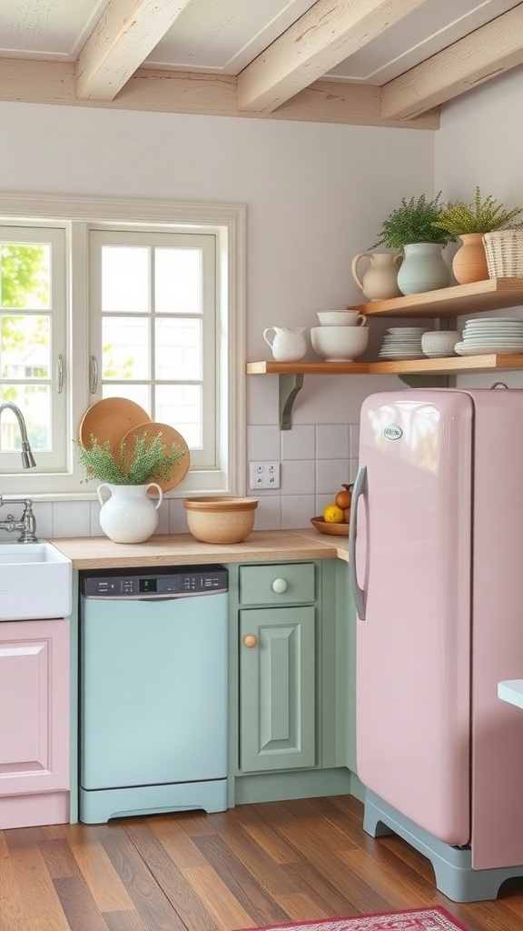 A cozy French farmhouse kitchen featuring vintage appliances in pastel colors.