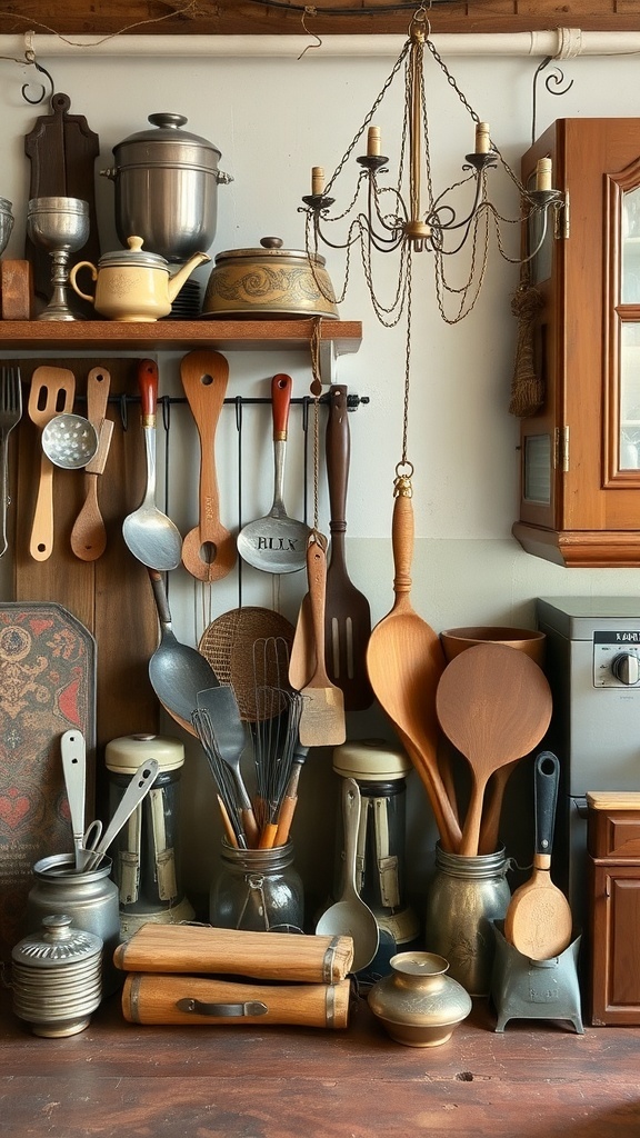 A collection of vintage kitchen utensils displayed on a shelf, including wooden spoons, metal whisks, and jars.