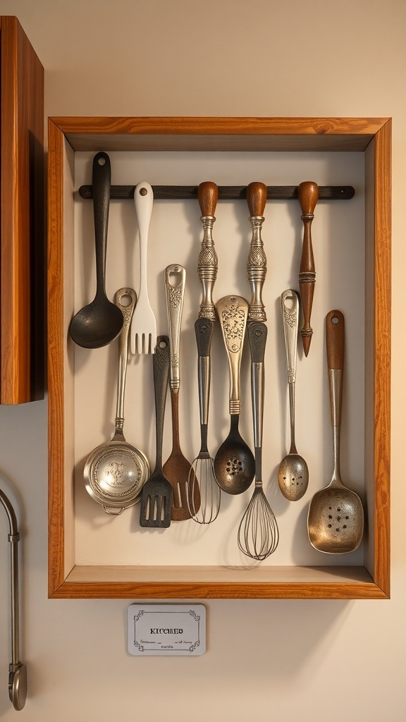 A collection of vintage kitchen utensils displayed in a wooden frame on a wall.