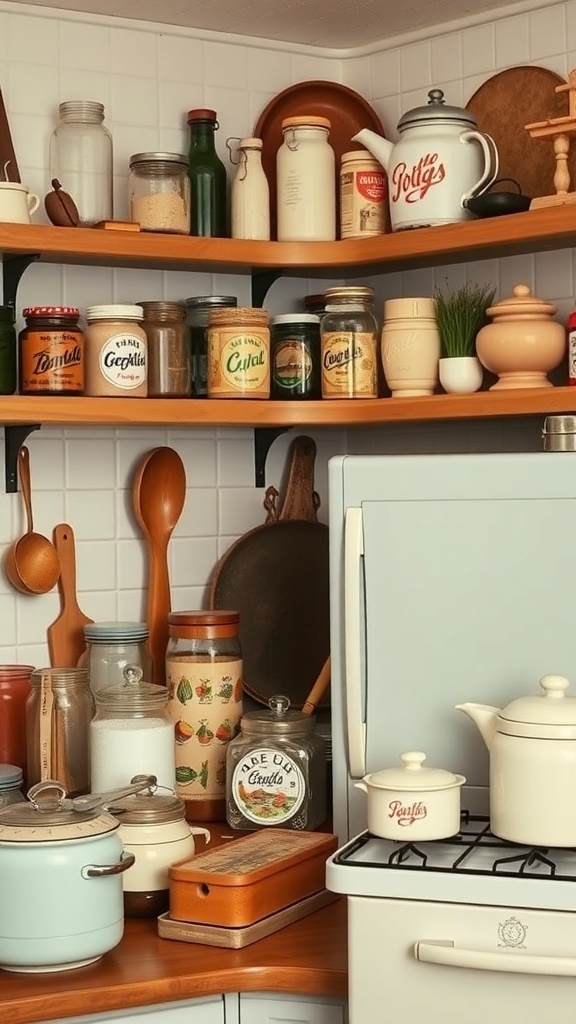 A cozy vintage kitchenware display featuring jars, utensils, and pots on wooden shelves.