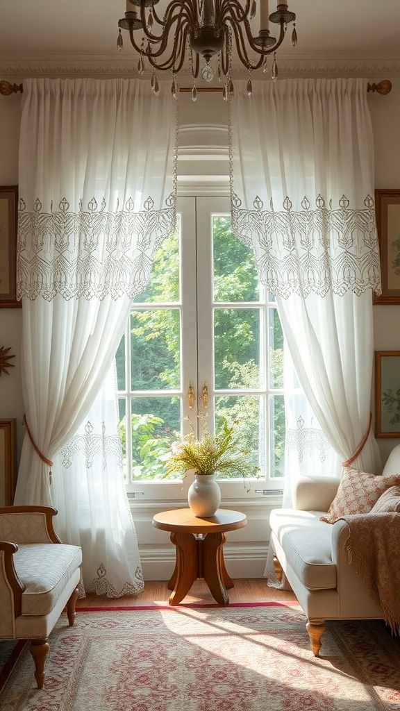 Living room with vintage lace curtains and rustic decor.