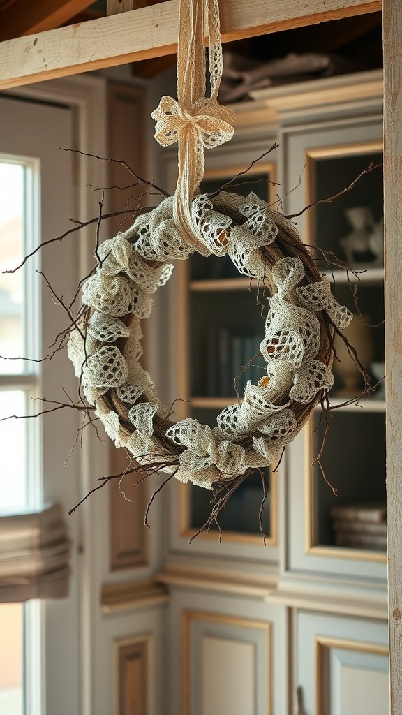 A vintage lace and twigs wreath hanging indoors, showcasing a rustic and cozy fall decor.