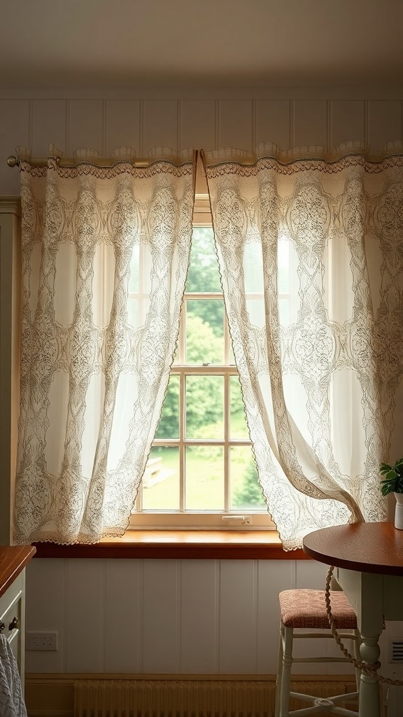 Vintage lace curtains in a farmhouse kitchen window.