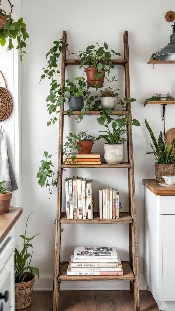 A vintage wooden ladder used as a shelf with potted plants and books.