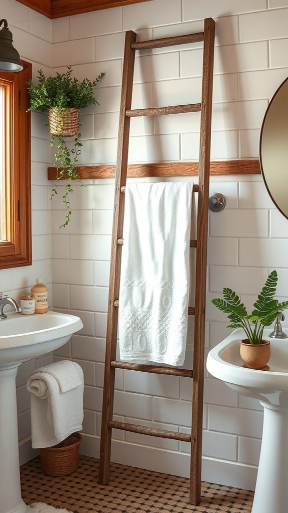 A rustic bathroom featuring a vintage ladder towel rack with towels and plants.