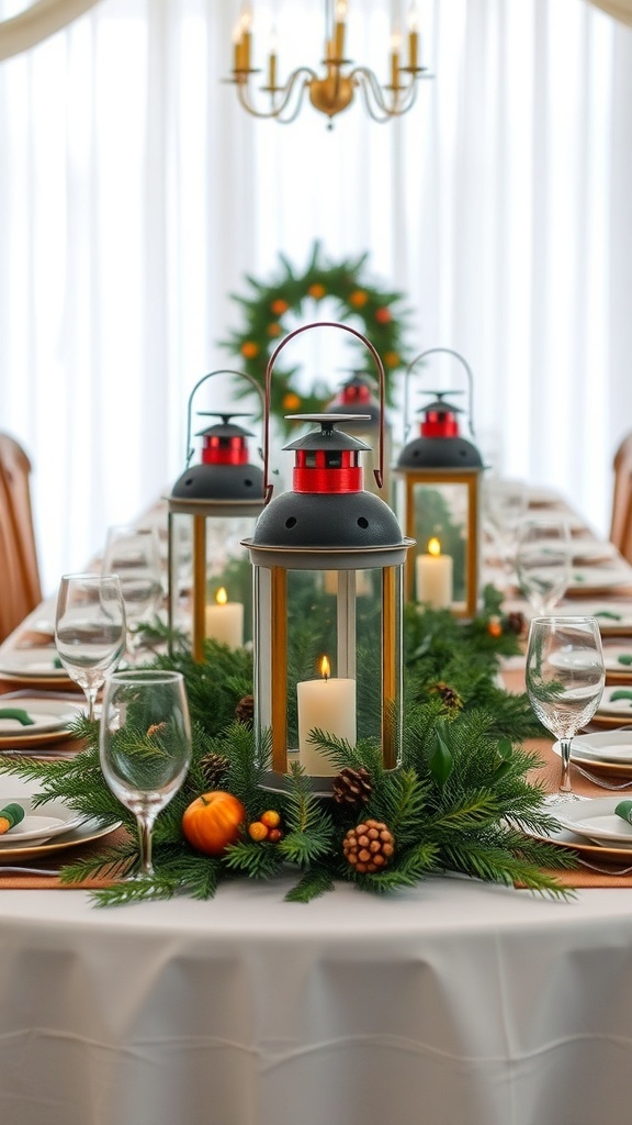 A beautifully set dining table featuring vintage lanterns as centerpieces, surrounded by greenery, pinecones, and small pumpkins.