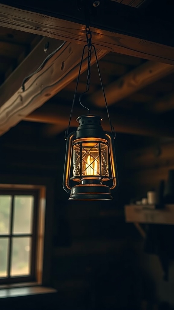 A vintage lantern hanging from a wooden ceiling, casting a warm light in a cabin setting.