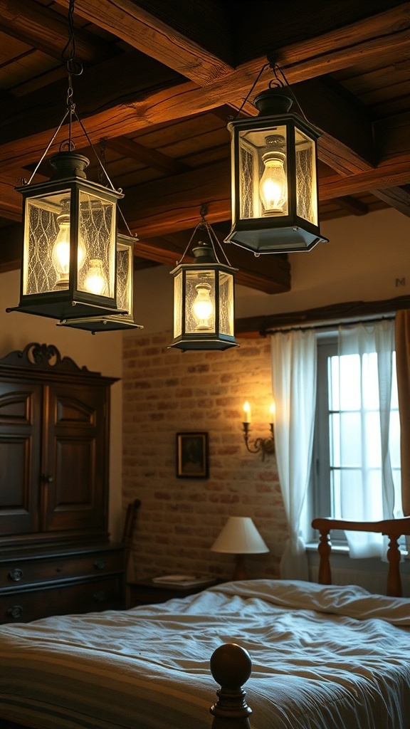 A rustic bedroom featuring vintage lantern lighting.