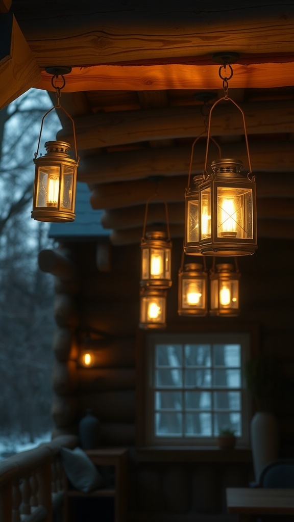 A collection of vintage lanterns hanging from a wooden cabin ceiling, casting a warm light.