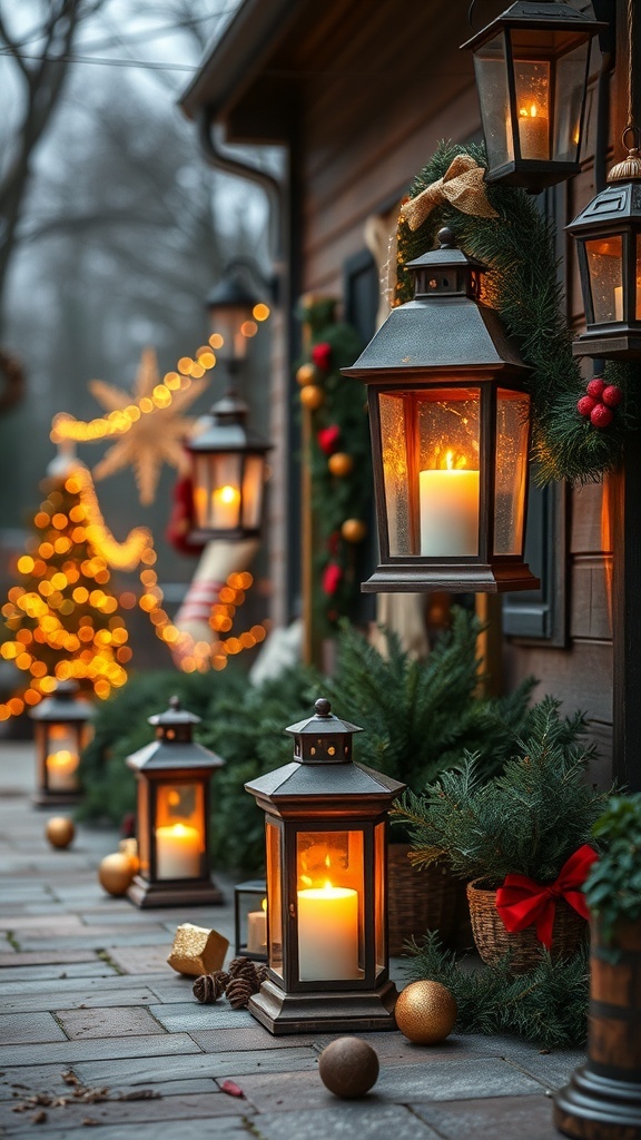 Outdoor Christmas decor featuring vintage lanterns and festive decorations.
