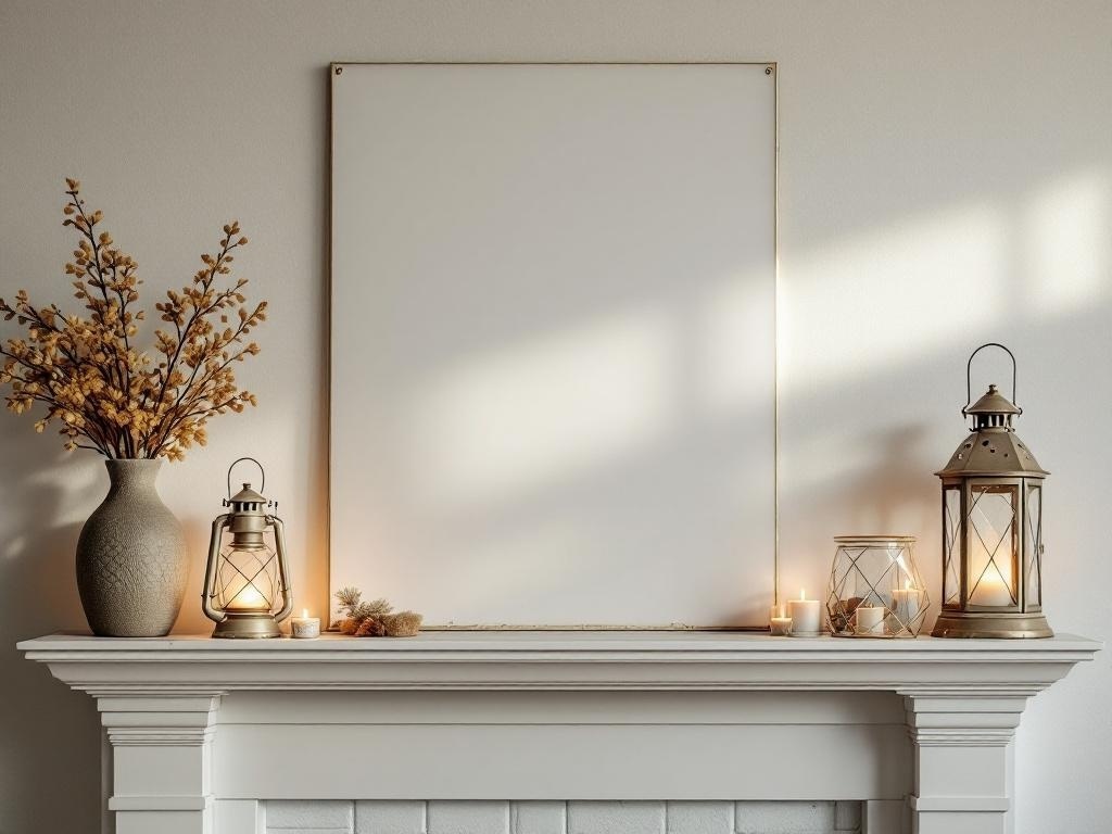 A cozy fireplace decorated with vintage lanterns, candles, and autumn foliage.