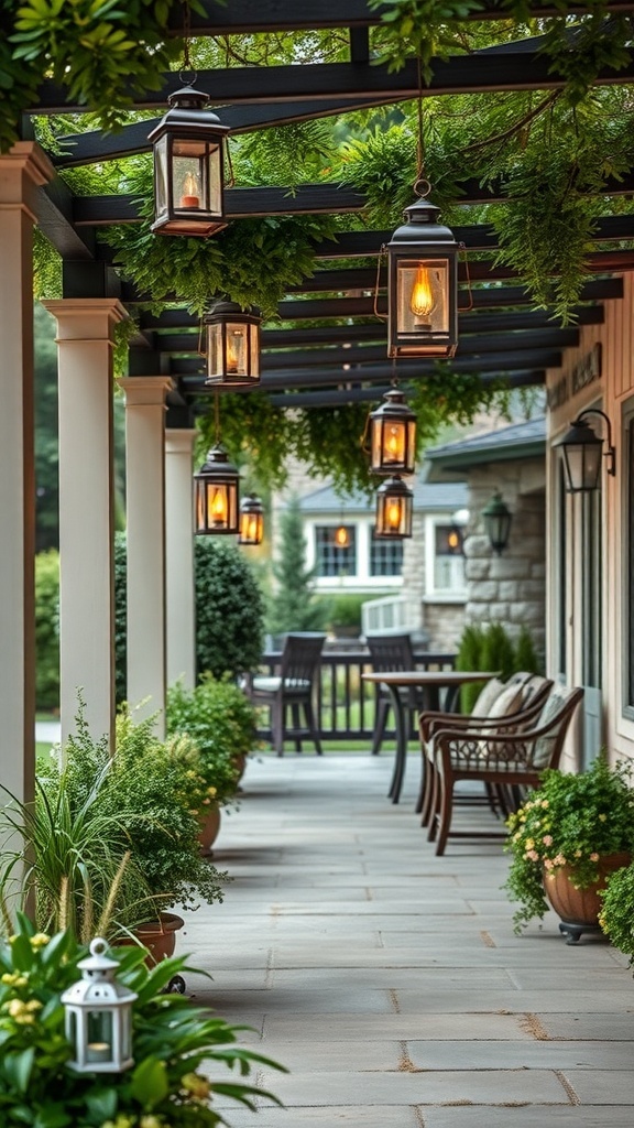 Outdoor space with vintage lanterns hanging from a pergola, surrounded by greenery.