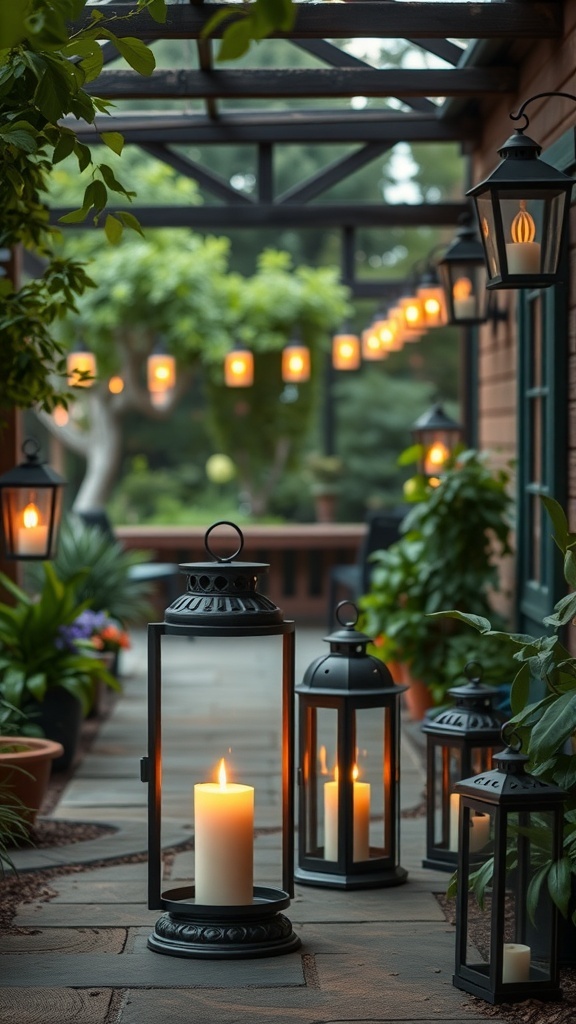 A pathway lined with vintage lanterns, creating a warm and inviting outdoor space.