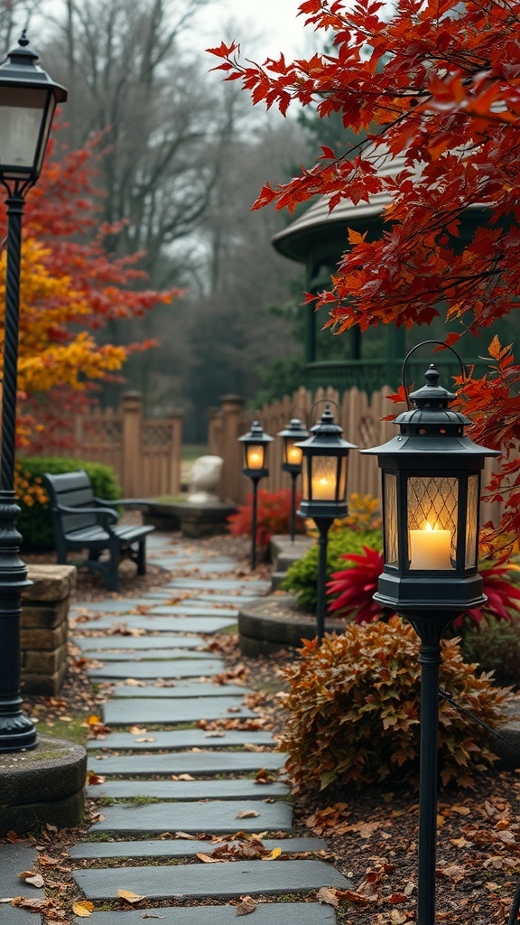 A pathway illuminated by vintage lanterns, surrounded by colorful fall foliage.