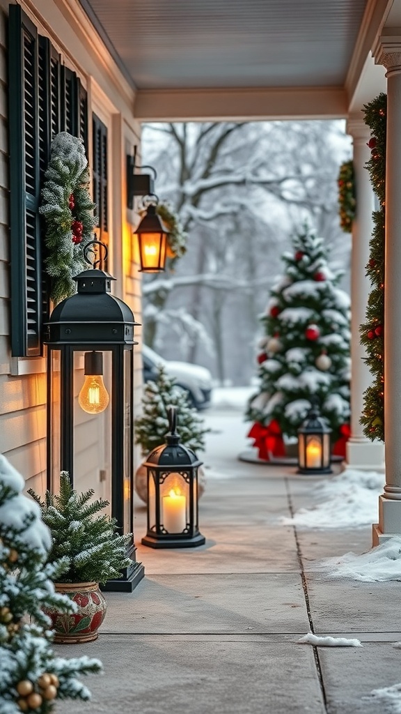 A snowy porch decorated with vintage lanterns and Christmas trees.